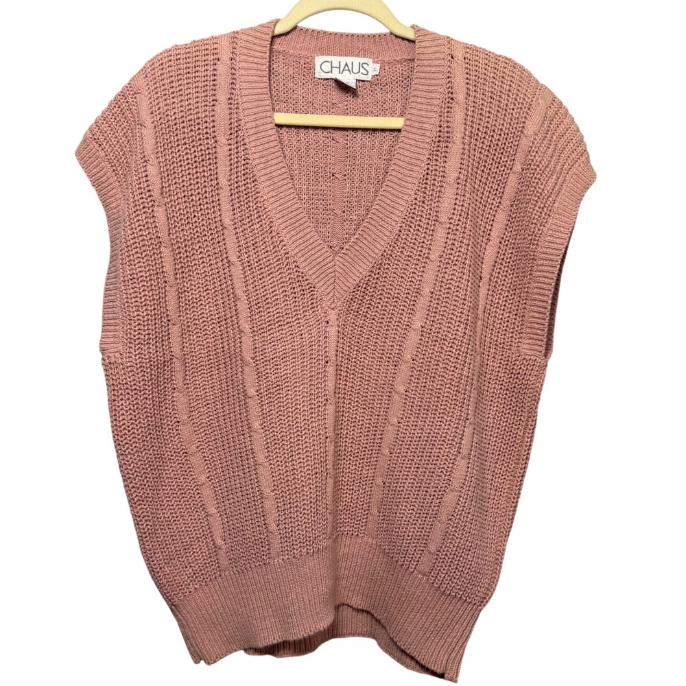 Vtg Retro CHAUS Women‎ L Pink Cable Knit V Neck Sleeveless Sweater Vest Oversize